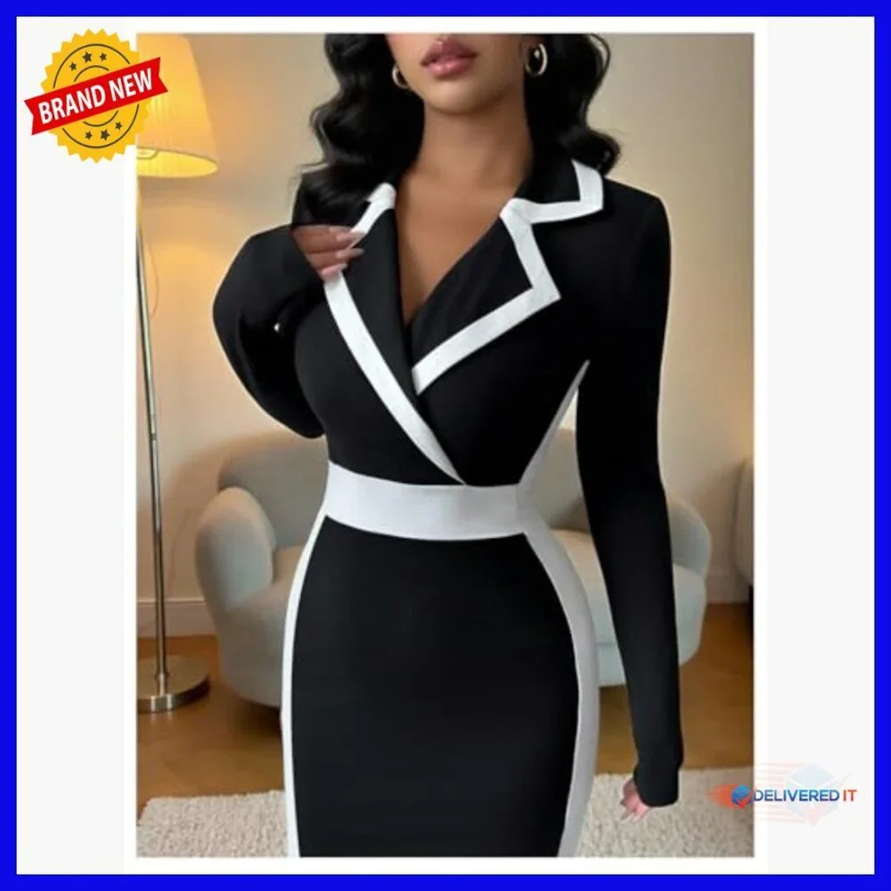 Long Sleeve Midi Bodycon Dress Work Formal Polyester Blend Stretch